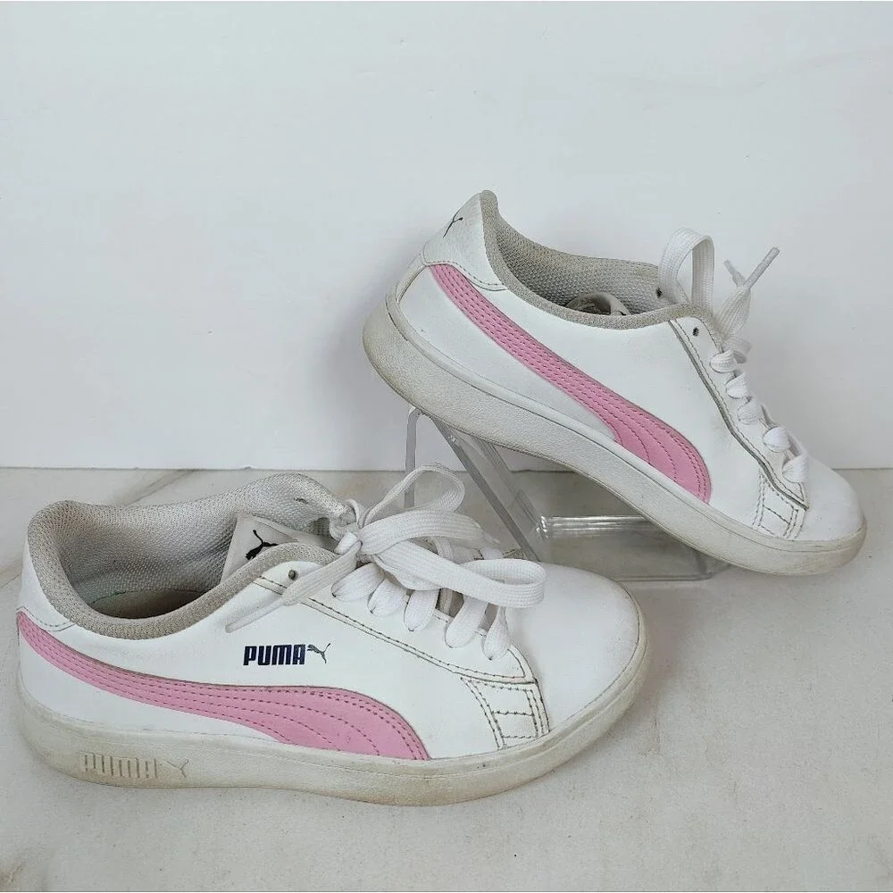 Puma Girls' Kids' Smash V2 L White Pink Low Sneakers Tennis Shoes, Sz 3C